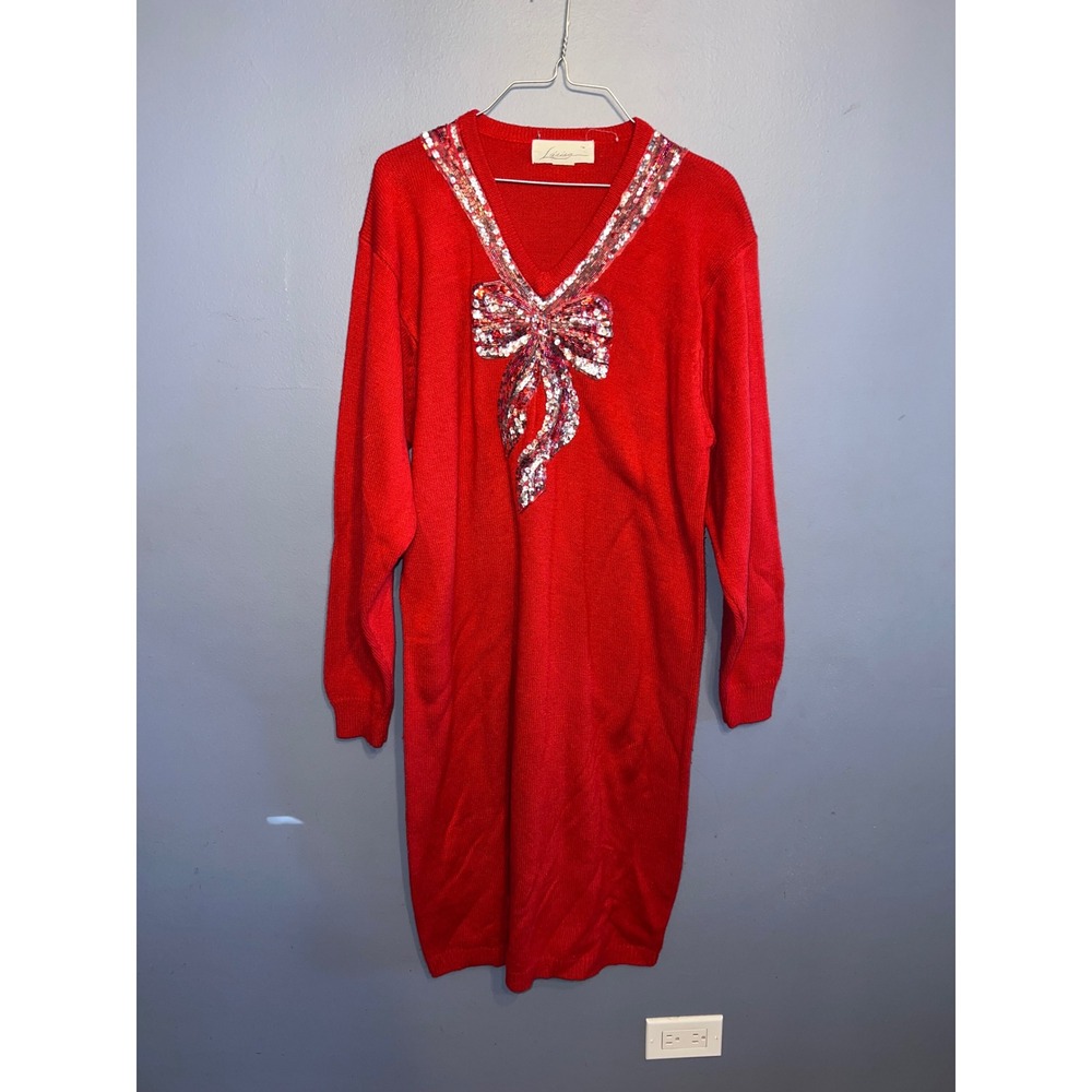 Women's Vintage 1980s Red Knit Long Sleeve Sweater Dress W Sequin Bow SZ LG Xmas